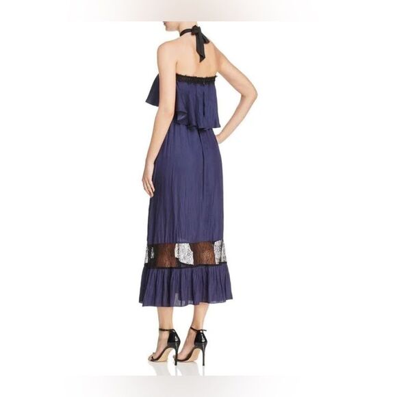 Aqua Popover Lace Inset Halter Silky Midi Dress in Blue/Black size Medium - Picture 13 of 14